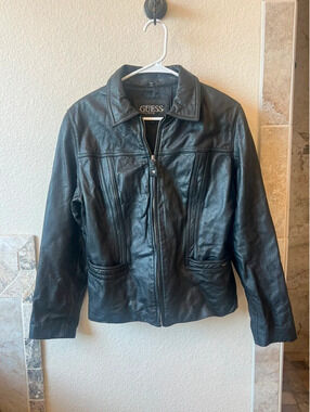 GUESS Women's Black Leather Zip-Front Jacket